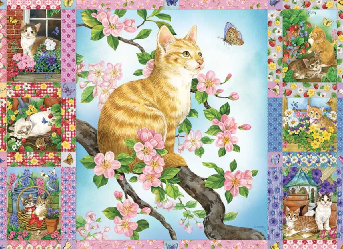 Cobble Hill Tekening|Dieren<Quilt met bloesems en kittens - puzzel van 1000 stukjes