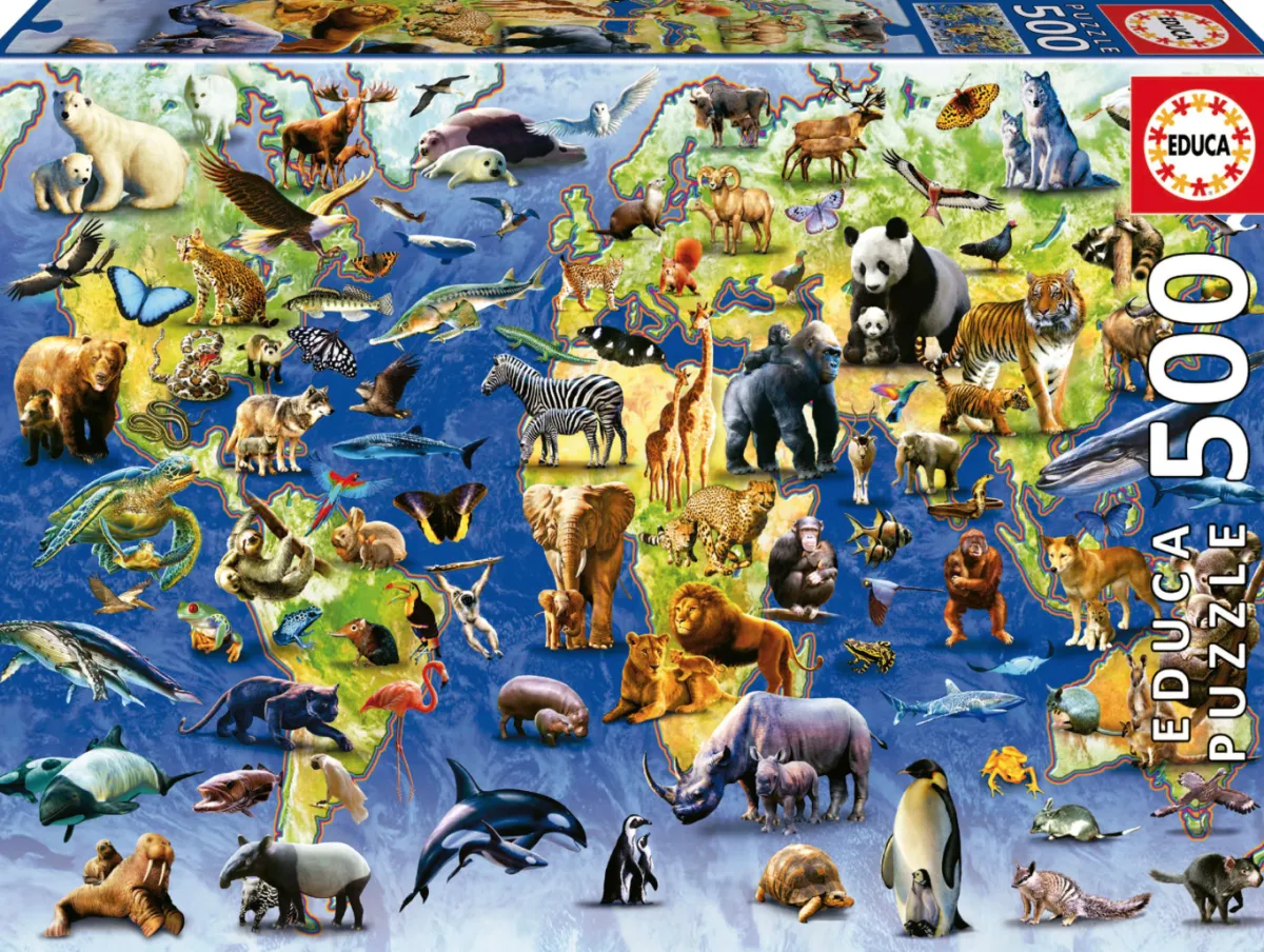 Kinderen Educa Dieren|Astrologie & Wereldkaarten<100 Bedreigde Diersoorten - legpuzzel van 500 stukjes