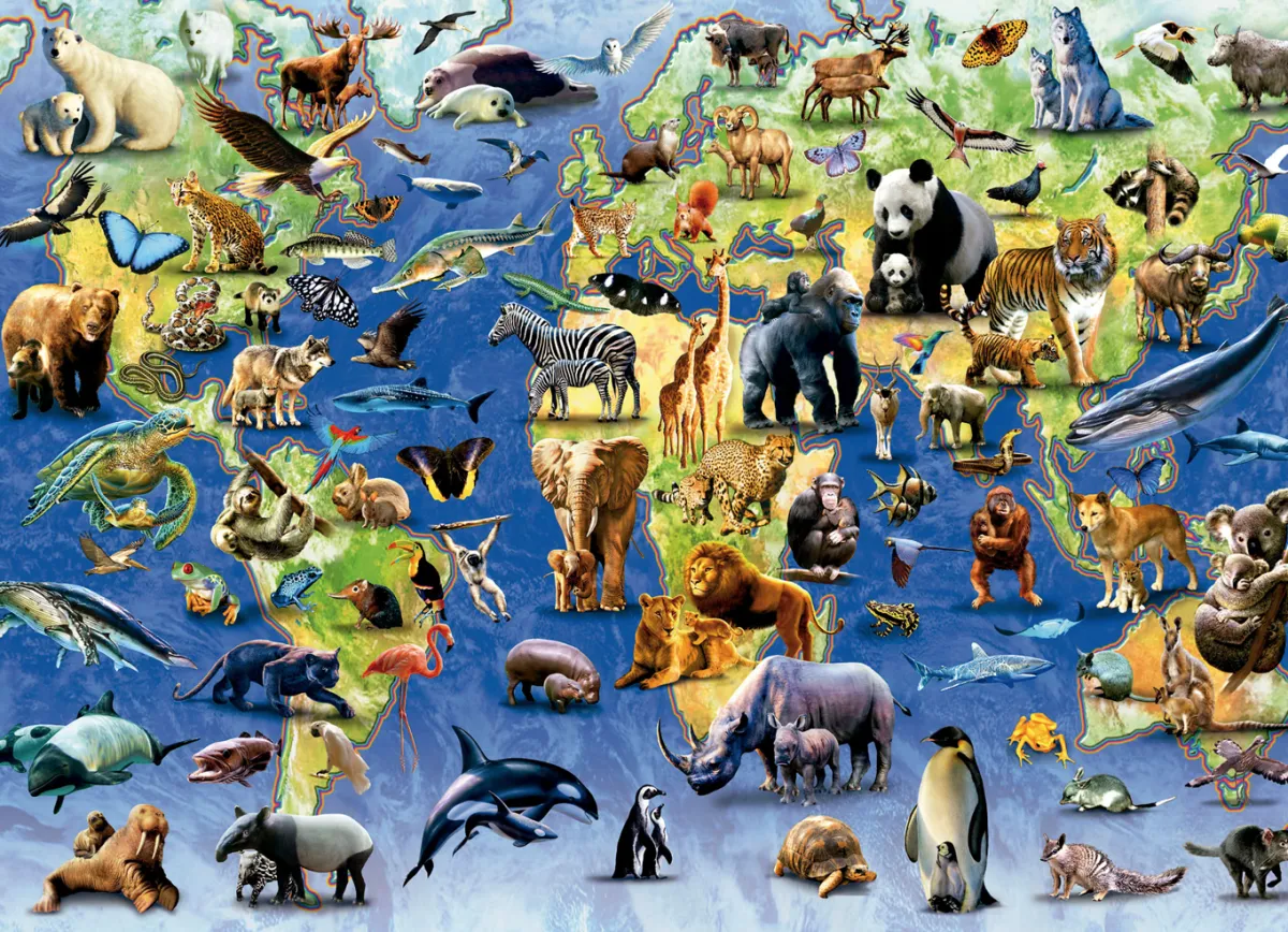 Kinderen Educa Dieren|Astrologie & Wereldkaarten<100 Bedreigde Diersoorten - legpuzzel van 500 stukjes