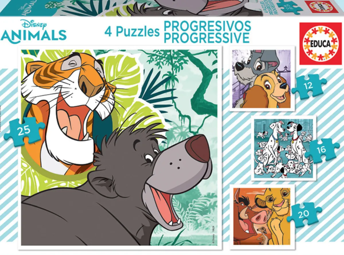 Kinderen Educa Disney, Pixar, Marvel|Legpuzzels<4 puzzels van de Disney dieren - 12, 16, 20 en 25 stukjes
