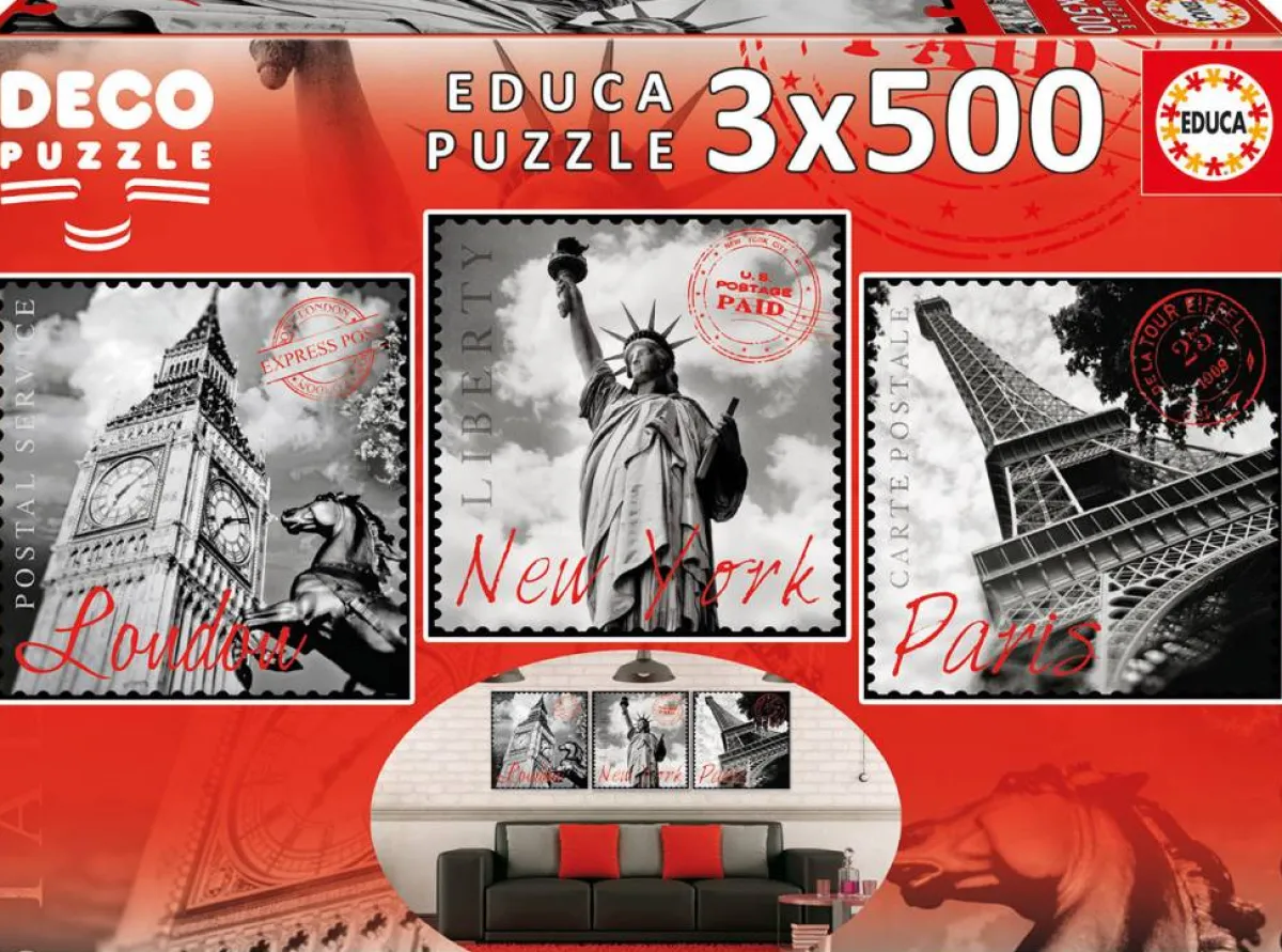 Educa Vierkant|Triptiek<Wereldsteden - Deco - 3 puzzels van 500 stukjes