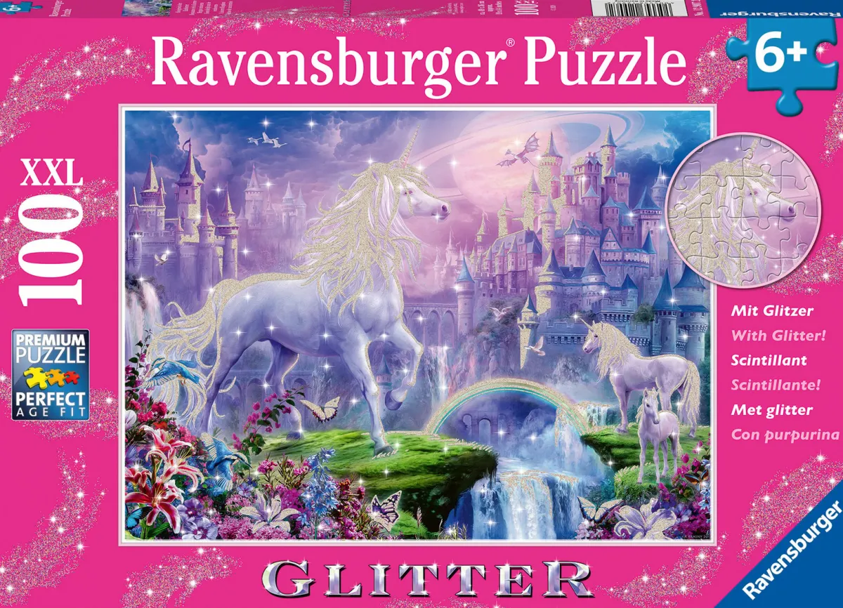 Kinderen Ravensburger Legpuzzels|100-499<Koninkrijk van de Eenhoorns (glitter) - puzzel van 100 stukjes
