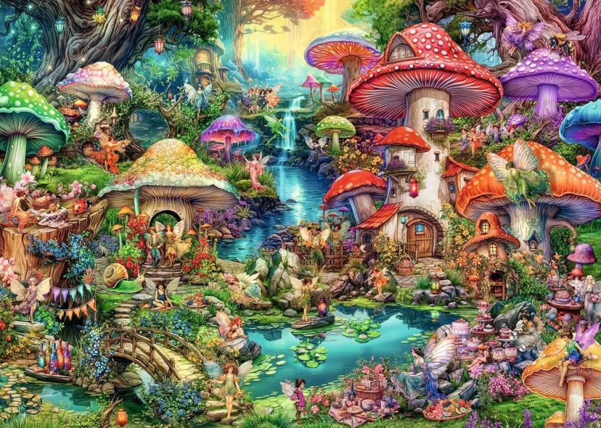Ravensburger Fantasy|Tekening<Merry Mushroom Village - Aimee Stewart - puzzel van 1000 stukjes