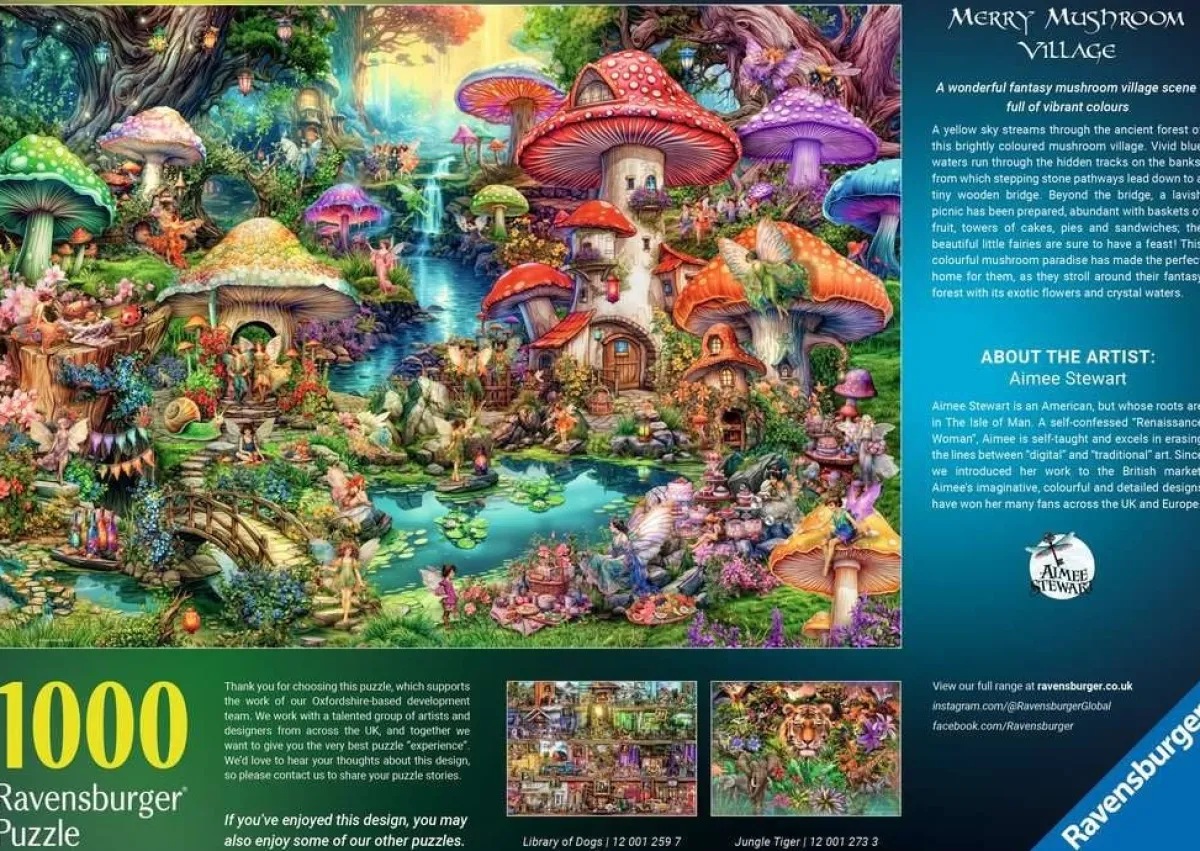 Ravensburger Fantasy|Tekening<Merry Mushroom Village - Aimee Stewart - puzzel van 1000 stukjes