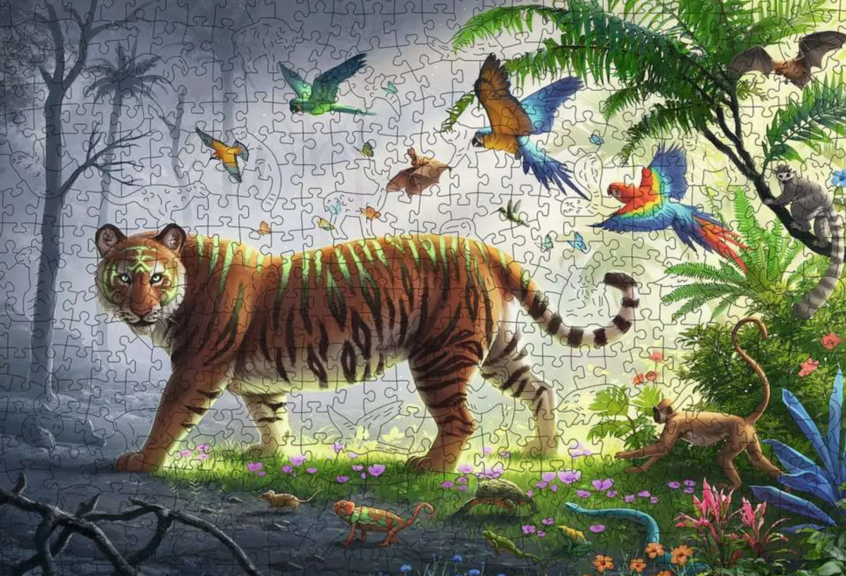 Kinderen Ravensburger Speciale Vorm|Dieren<Tijger in de jungle - Houten Contourpuzzel - 500 stukjes