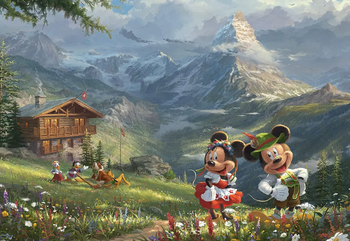 Schmidt Disney, Pixar, Marvel|1000-1499<Mickey en Minnie in de Alpen - Thomas Kinkade - puzzel van 1000 stukjes